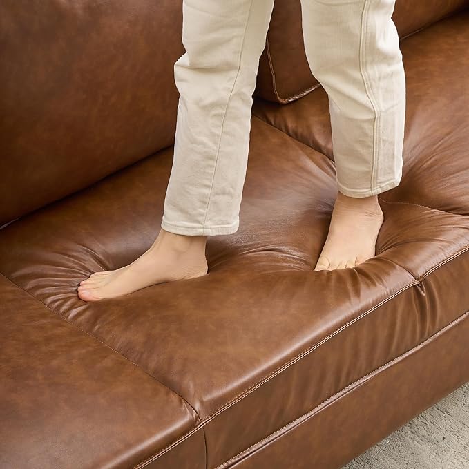 IDEALHOUSE 81" Faux Leather Sofa, Mid Century Modern Deep Seat Couch, Upholstered Cushion&Removable Cover, Brown PU Couch, 3 Seat Sofa for Living Room, Office, Brown