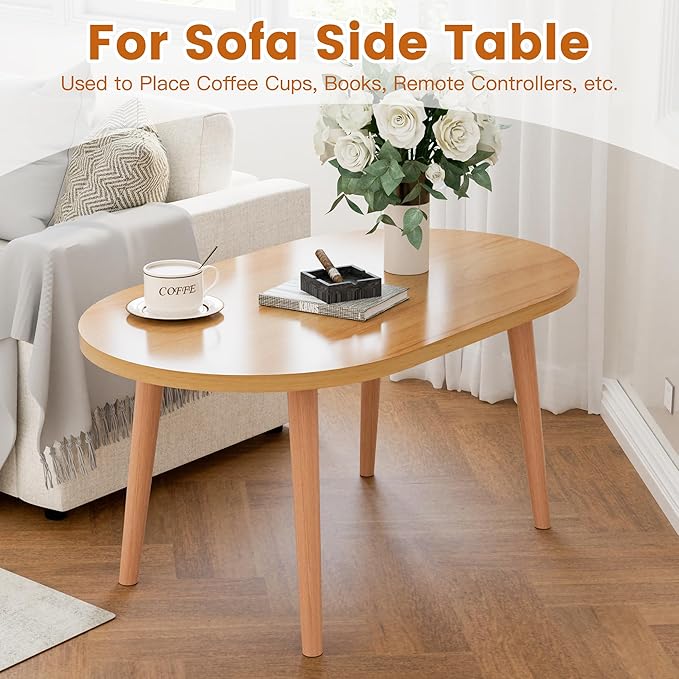 Coffee Table Low Table with Solid Wood Legs, Small Oval Coffee Table Side Table, Floor Table Desk for Sitting on The Floor, Storage and Living Room Furniture for Office Apartment Home, Natural
