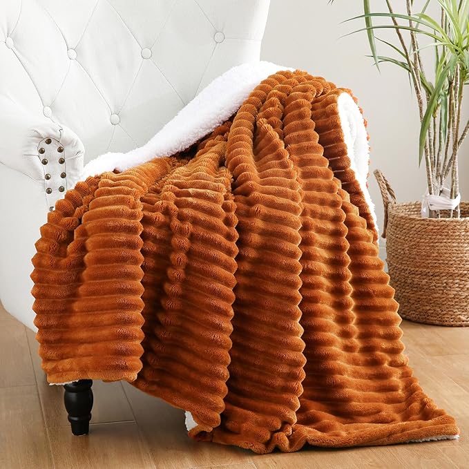 Burnt Orange Sherpa Fleece Throw Blanket 108”×90” for Couch Sofa Bed,Super Soft Cozy Plush Double Side Thick Flannel Blanket with Striped Design Lightweight for Adults,Woman,Girls
