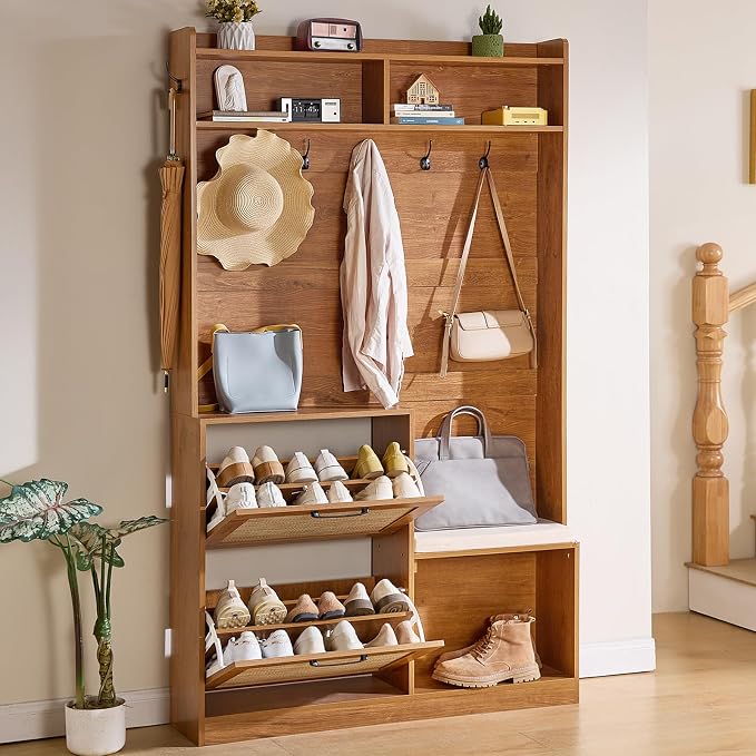 LEYAOYAO 78" Tall Boho Hall Tree with Bench & Shoe Storage, 4-in-1 Mudroom Coat Rack with 2 Flip Rattan Drawers & Cushioned Stool, Entryway Hall Tree Cabinet with 6 Hooks for Garage, Tea Brown - Image 8