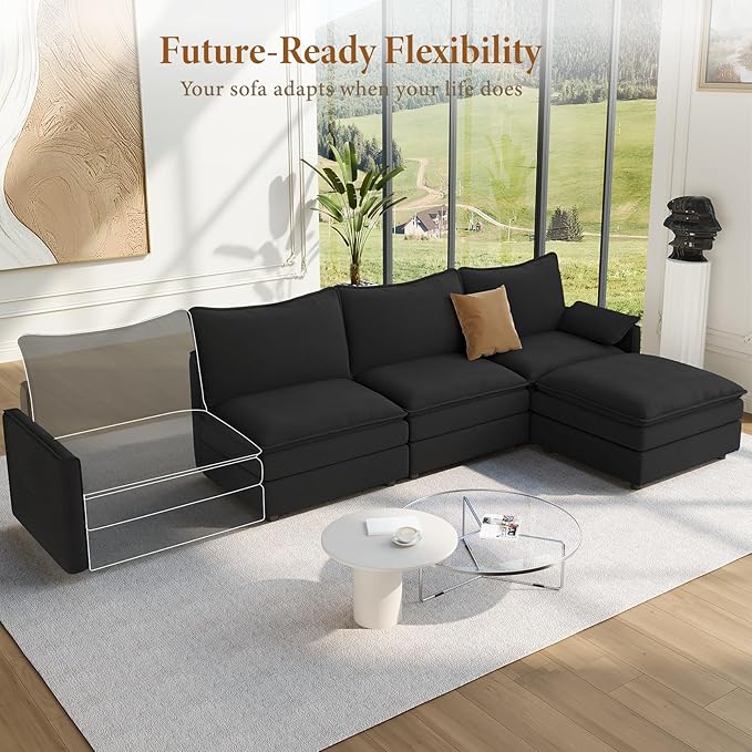 Vesgantti 108" Modular Sectional Sofa, Comfy Cloud Couch with Flexible Ottoman Deep Seat Chenille L Shaped Modular Sofa, Sectional Couches for Living Room, Bedroom and Apartment, Black