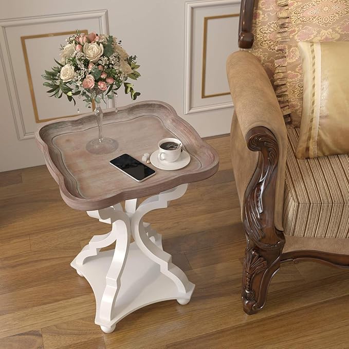 COZAYH Farmhouse Cottagecore End Table, Rustic Wood Tray Top Square Accent Table with White Curved Legs for Family Room, Living Room, or Small Spaces