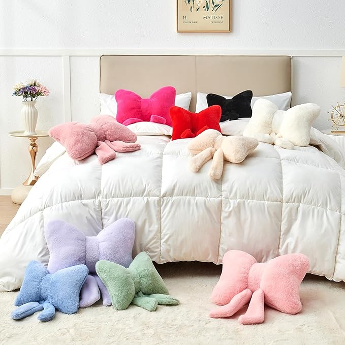 Pink Bow Pillow,16'' Bow Decorative Pillows with Faux Rabbit Fur,Soft Bow Throw Pillows Aesthetic Bow Shaped Pillow for Bed Sofa Couch Home Decor