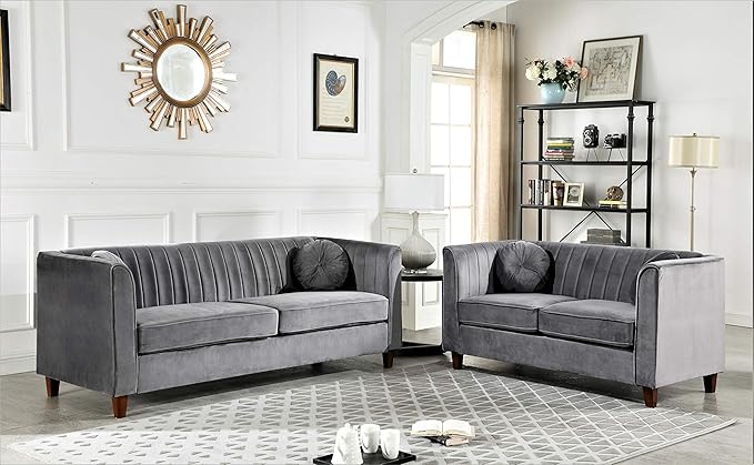 Arvilla Velvet Loveseat with Bolster Pillows, Soft Upholstery, Mid Century Modern Design, Chesterfield-Inspired Sofa Couch for Living Rooms, Fossil Grey