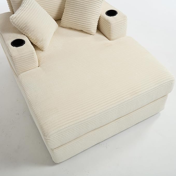 KEIKI Oversized Accent Chair with Ottoman, Chaise Lounge Chair Indoor with Cupholders, Oversized Sofa Bed, Deep Seat Sleeper Couch Reading Chairs for Living Room, Beige