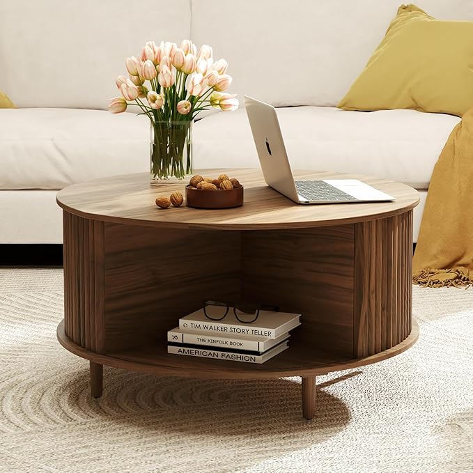 Round Coffee Table with Storage, 31.5" Walnut Wood Drum Table, Fluted Circle Center Table for Living Room, Modern Mid Century Furniture with Sliding Door