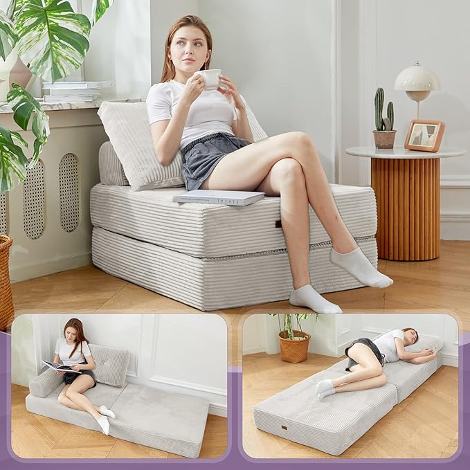 Folding Chair,Sleep Chair with High-Density Support Foam,Portable 3 in 1 Fold Out Chair with Back Support and Pillow for Bedroom、Balcony、Hotel、Apartment,Single,Silver Gray