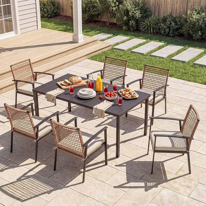 LAUSAINT HOME 7 Pieces Patio Dining Set, Outdoor Furniture Set of 6 Chairs with Soft Cushion and Iron Slats Table Top with Umbrella Hole, Conversation Set for Backyard, Garden and Poolside - Image 8