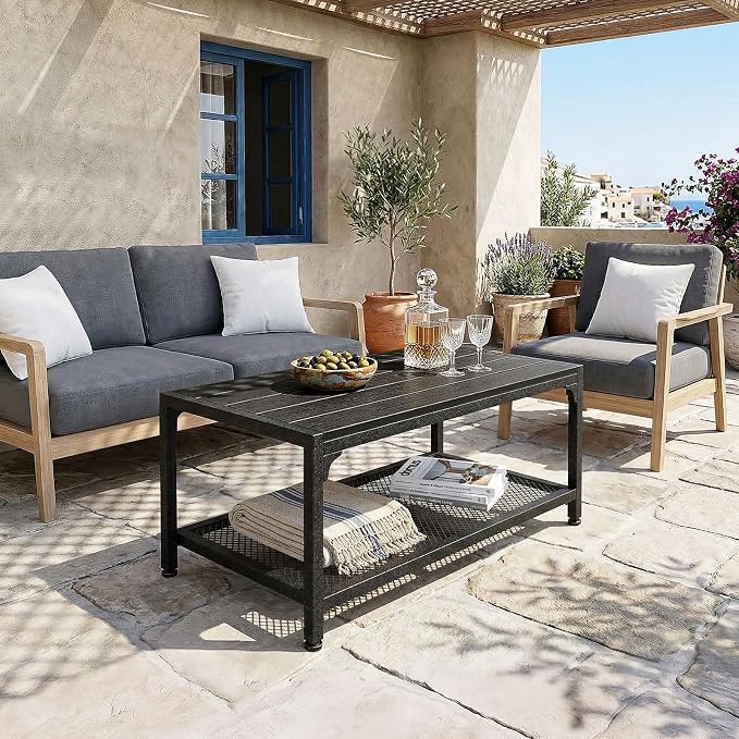 ODK Outdoor Coffee Table with Double-Layer Storage, Rectangle Weather-Resistant Patio Coffee Table for Garden, Balcony, Hot Tub, Poolside, Heavy-Duty Metal Frame, Black - Image 9