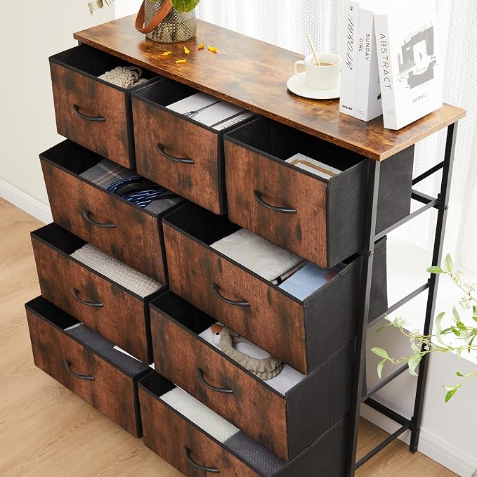 DUMOS Dresser for Bedroom, Storage Organizer with 9 Drawers, Chest of Drawers with Fabric Bins, Sturdy Metal Frame, Wood Tabletop for Guest Room, Closet, Entryway, Brown - Image 9