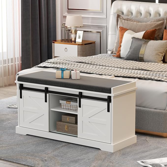 Loomie Shoe Storage Bench, 2-Tier Farmhouse Entryway Bench with Sliding Barn Door Storage Cabinets & Full Soft Removable Seat Cushion, Silm Shoe Rack with Shoe Cabinet for Entryway, Hallway, Bedroom - Image 9