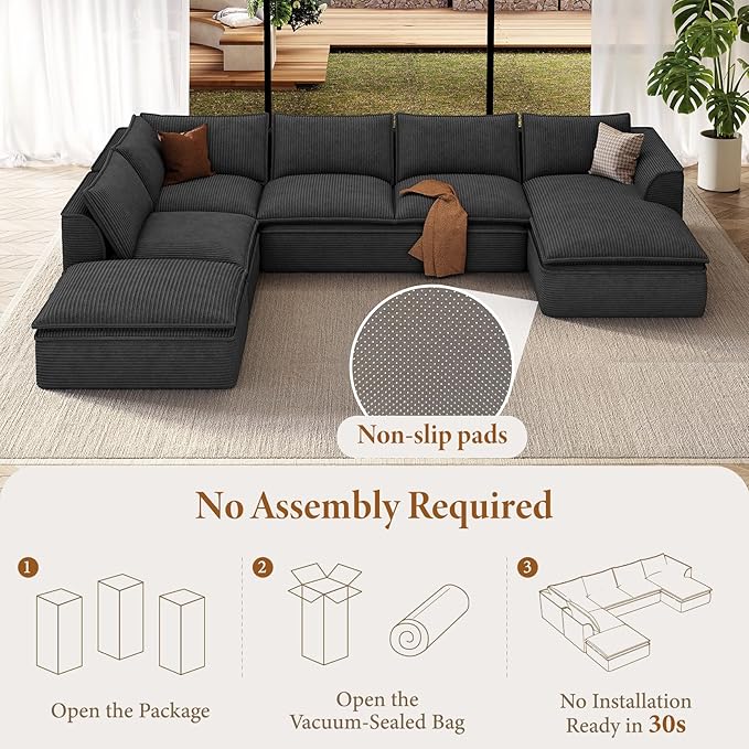 Vesgantti 141.7" Oversized Boneless Sectional Couch, 7 Seater Modular Sofa with Chaise & Ottoman & Armrest, Deep Seat Corduroy Cloud Couches for Living Room, No Assembly Required, Black