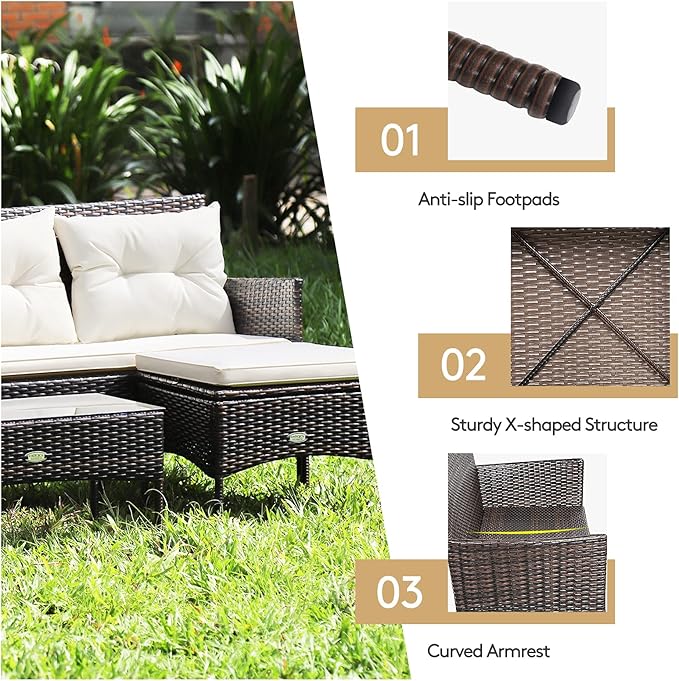 HAPPYGRILL 3PCS Outdoor Rattan Conversation Set Patio Furniture Set with Tempered Glass Coffee Table, 5 Elastic Seat & Back Cushions, Sectional Sofa Set for Poolside Balcony Backyard