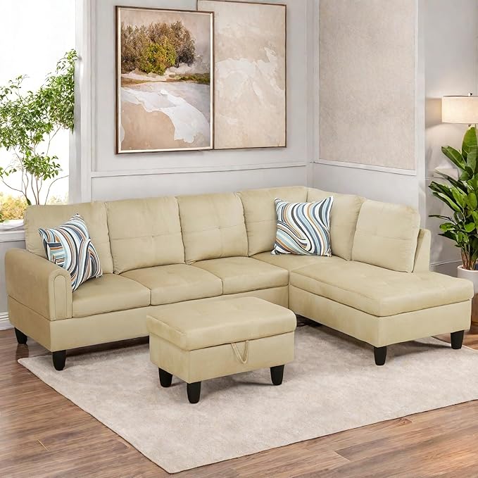 FONTOI Sectional Couch with Otttoman, 97" L Shaped Couch Sectional Sofa for Living Room, Modern Modular Couches with Cup Holders for Bedroom, Apartments, Beige