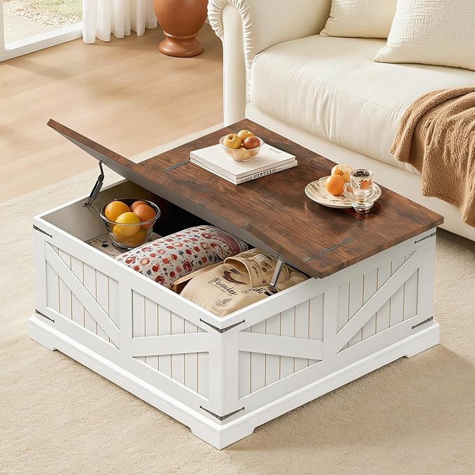 Farmhouse Coffee Table with Storage, 32" Square Wood Center Table with Dual Flip-Top Lids, Hidden Storage Compartment and Arc Base for Living Room