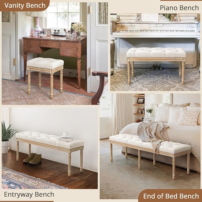 LUE BONA 44" Bedroom Bench, Fabric End of Bed Bench, Upholstered French Tufted Ottoman Bench with Carved Wood Legs for Bedroom End of Double Full Queen Size Bed, Living Room, Beige - Image 8