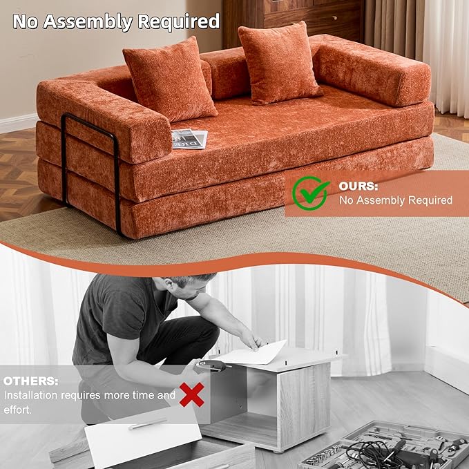 Convertible Floor Sofa Bed, Fold Out Floor Couch with Pillow Back & Armrest, Compressed Couch with Fixed-Shape Frame, Chenille Foldable Sleeper Sofa Bed for Living Room Bedroom, Orange
