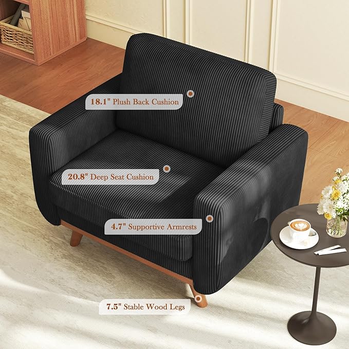 38.5" Black Corduroy Accent Chair, Comfy Deep Seat Armchair with Spring Cushion, Modern Reading Sofa for Living Room Bedroom