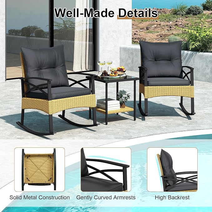 Tangkula 3 Pieces Outdoor Rocking Chairs Set, Rattan Heavy Duty Cushioned Rocker Chairs with 2-Tier Tempered Glass Coffee Table, for Garden, Balcony, Backyard (Yellow+Gray) - Image 9