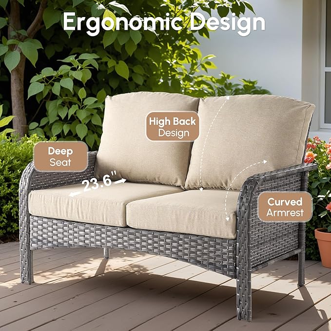 7 PCS Patio Outdoor Furniture Set with Swivel Rocking Chairs,All Weather Wicker Rattan Patio Seating Sofa and Chairs Set,Outdoor Conversaiton Sets for Deck Yard Prrch Garden Poolside,Beige