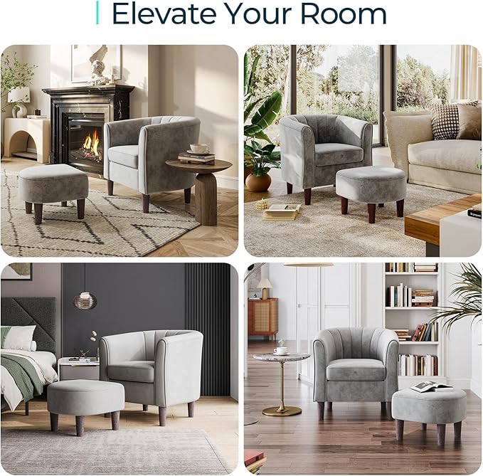 LINSY Accent Chair with Ottoman, Modern Barrel Chair Comfy Armchair Reading Chair with Footrest, Round Arms Chair for Living Room Bedroom Reading Room, Velvet, Light Grey