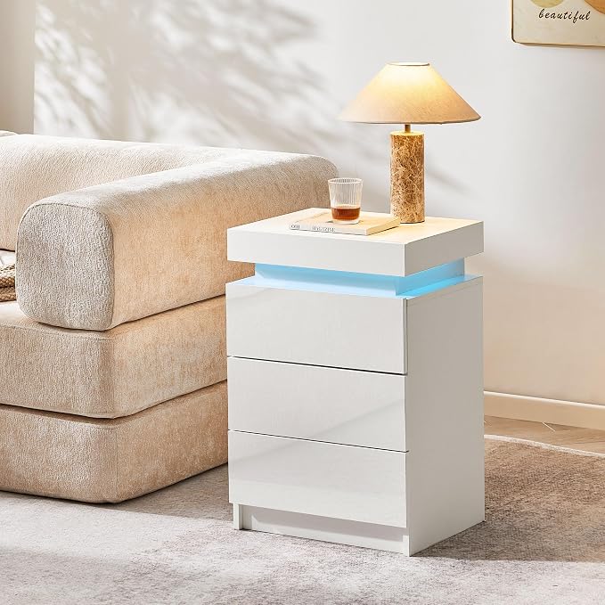 CLIPOP Modern Nightstand, LED Night Stand with 3 High Gloss Chest of Drawers, Bedside Table Cabinet with Remote Control Lights, Wood Matte Nightstand 21.6" Tall Bedroom Furniture, White - Image 9