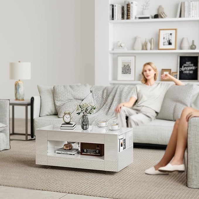 Glossy Coffee Table with Open Shelf Storage - High Gloss Modern Cocktail Table for Living Room, Bedroom, Office
