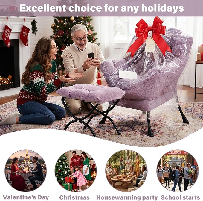 Plush Lazy Chair and Ottoman, Large Purple Plush Contemporary Accent Chair with Side Pocket, Modern Leisure Upholstered Reading Armchair with Footrest for Bedroom, Living Room, Balcony