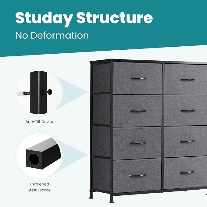 DUMOS 8 Drawer Dresser for Bedroom, Fabric Storage Organizer with Sturdy Metal Frame, Wooden Top Chest of Drawers for Closet Entryway Guest Room, Grey - Image 7