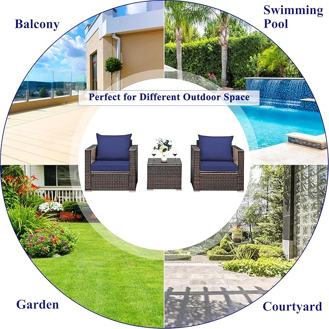 Tangkula 3 Pieces Patio Furniture Set, Outdoor Conversation Rattan Furniture Set w/Washable Cushion and Tempered Glass Tabletop, PE Rattan Wicker Sofa Set for Garden Poolside Balcony