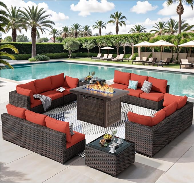 15 Piece Patio Furniture Set with Fire Pit Table, Outdoor Sectional Sofa PE Rattan, Patio Conversation Sets with Cushions for Garden Lawn Balcony Porch Deck Red