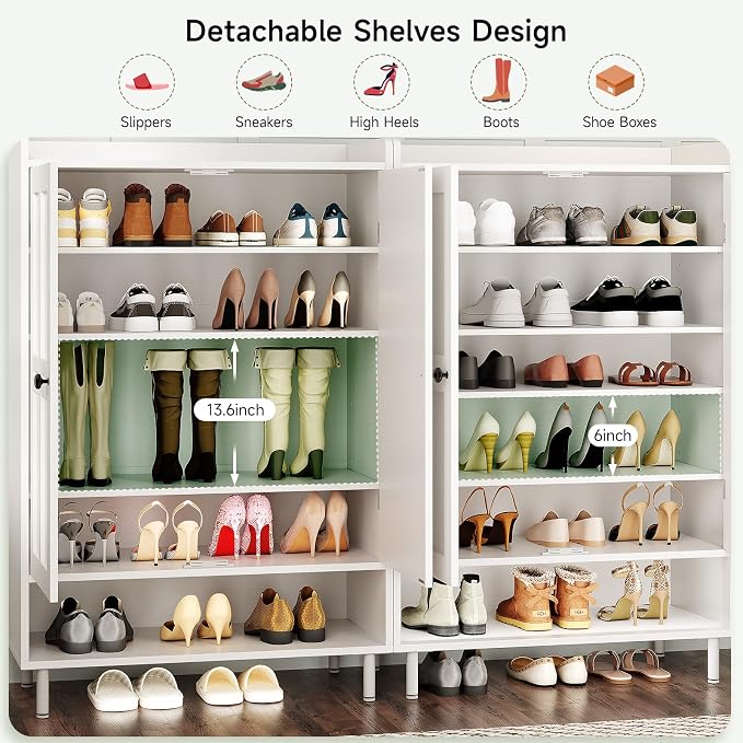 ONBRILL Shoe Storage Cabinet with Cross Molding Doors, 6-Tier Farmhouse Shoe Cabinet with 3 Adjustable Shelves and Metal Legs, 45'' Tall Shoes Rack Organizer Cabinet for Entryway, Front Door, White - Image 9