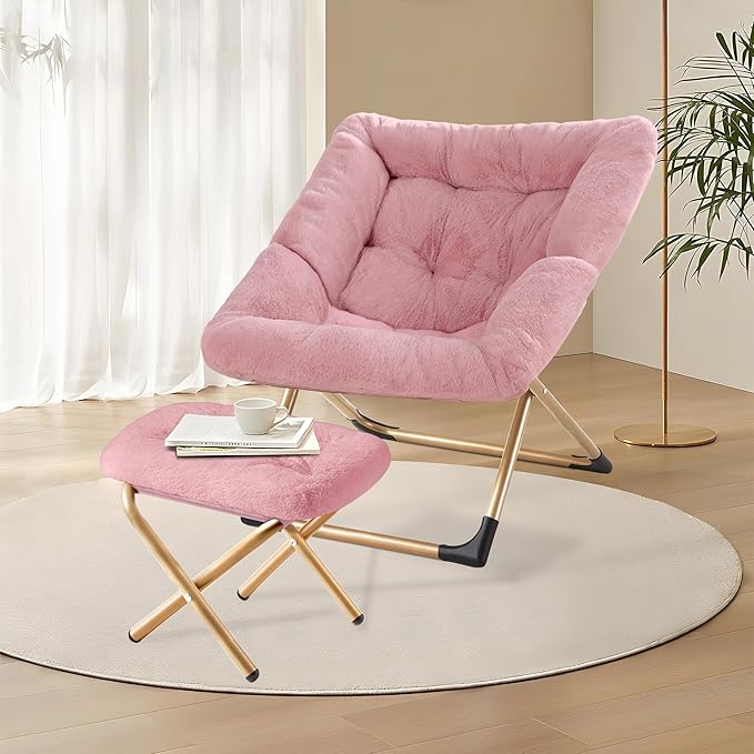 Youtanic Comfy Oversized Saucer Chair with Ottoman,Soft Faux Fur Reading Lounge Chair for Adults,Stable X-Large Metal Frame and Non-Slip Pad,Cozy Chair for Bedroom, Living Room, Dorm, Office, Pink