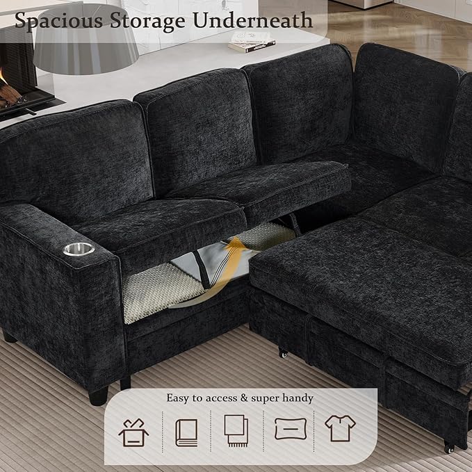 KEIKI 81" L-Shaped Oversized Chenille Modular Sectional Sleeper Sofa with Pull-Out Bed, Storage Seat, Modern 5-Seater Upholstered Couch Bed with Charging Station, Easy Assembly, for Living Room, Black