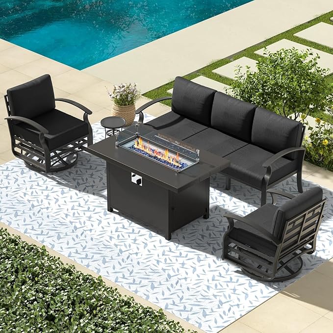 Aluminum Outdoor Patio Furniture Set,5 Pieces 5 Seats Metal Patio Sectional Furniture Set,Patio Conversation Sets with 45" Propane Fire Pit Table,Swivel Rocking Chairs Set,Black