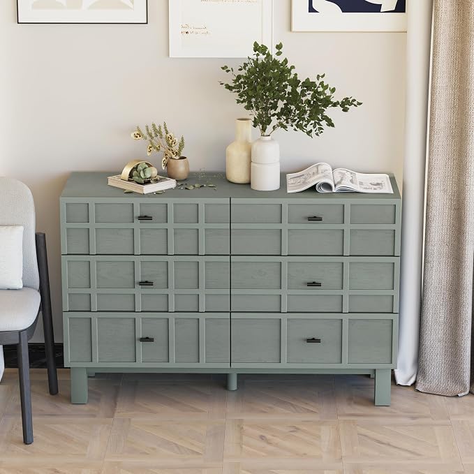 Aoikax Modern 6 Drawer Double Dresser X 2P with Grid Carved Pine Front, Minimalist Chest of Drawers with Large Storage Space Metal Base for Bedroom, Ash Veneered Top, Metal Legs, Light Green - Image 8