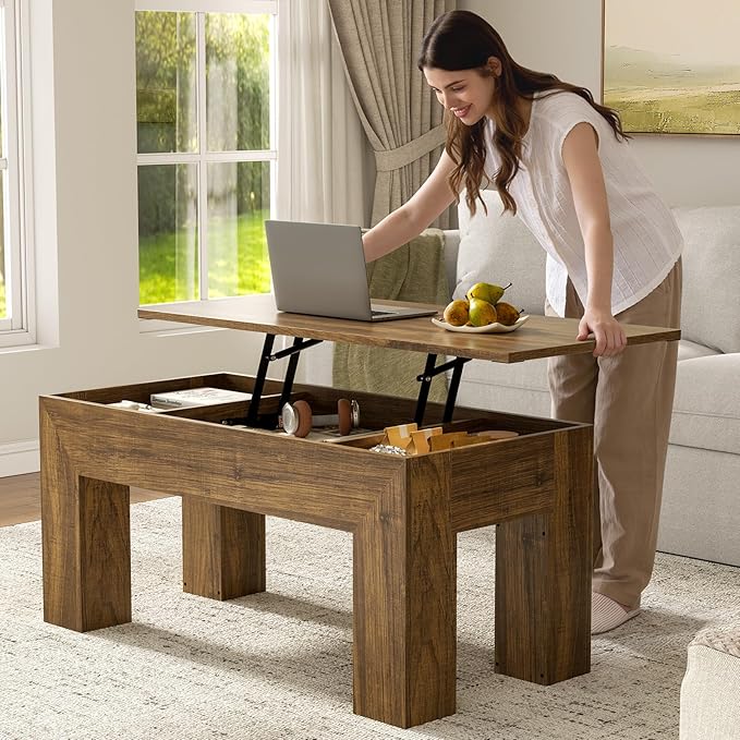 FABATO 41.7'' Lift Top Coffee Table, Wooden Rectangle Coffee Table with Hidden Storage, Large Center Table Adjustable Height Sofa Table for Living Room Office Apartment, Brown