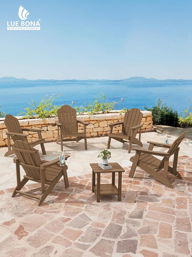 LUE BONA Wood-Grain HDPE Adirondack Chairs Set of 6 - Weather Resistant Outdoor Seating with Cup Holder, Ideal for Cabin, Deck, Fire Pit & Vacation Home, Brown - Image 6