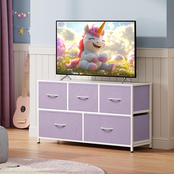 WLIVE Dresser for Bedroom with 5 Drawers, Wide Chest of Drawers, Fabric Dresser, Storage Organizer Unit with Fabric Bins for Closet, Living Room, Hallway, Purple - Image 7