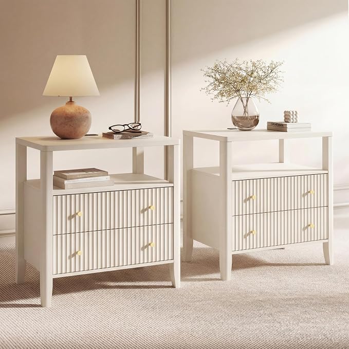 Nightstand with Charging Station, 27.3" Wide Fluted Bedside Tables with 2 Drawers & Open Shelf, Large End Tables with Storage, Metal Handle & Rounded Corners for Bedroom,Alabaster White - Image 7