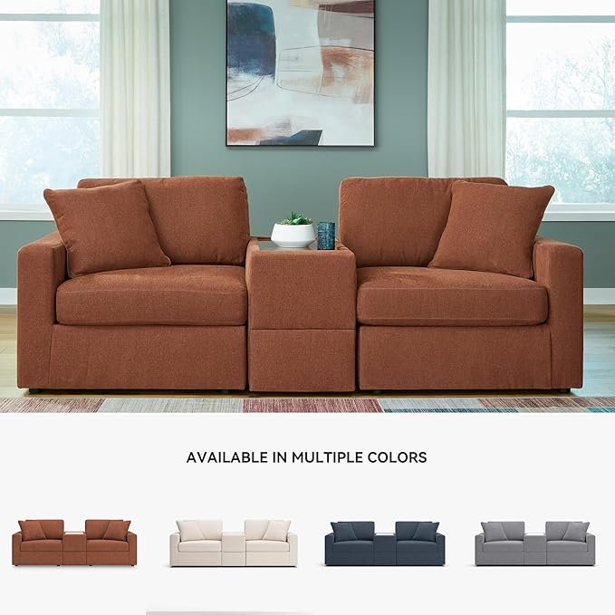 Signature Design by Ashley Modmax Urban Modular Stain Resistant 3-Piece Sectional with Storage Console, Drawer and 2 Accent Pillows, Orange