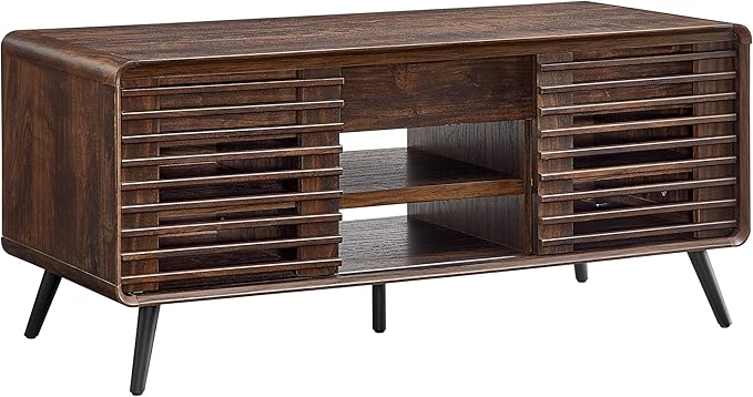 OKD Lift Top Coffee Table w/Sliding Slatted Door, 48" Mid Century Modern Wood Center Table w/Hidden Storage Compartment & Adjustable Shelf, Lift Tabletop Dining Table for Living Room (Dark Walnut)