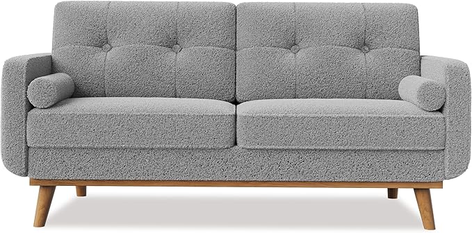 Garvee 65 in Mid Century Modern Loveseat Sofa for Small Spaces, 2 Seater Boucle Upholstered Couch with Button Tufted Design & Wood Legs, Small Couch for Living Room, Bedroom, Office, Apartment, Grey
