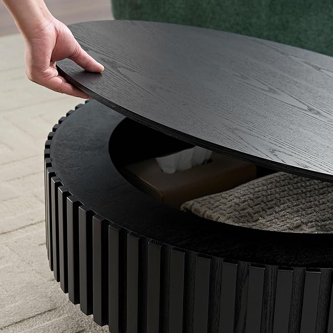 WILLIAMSPACE 31.49" Round Coffee Table with Storage for Living Room, Modern Circle Center Table with Solid Wood Veneered & Sturdy Pedestal, Accent End Tea Table for Apartment - Black