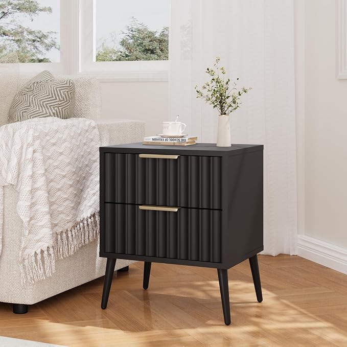 JOMEED Solid Wood Nightstand with 2 Fluted Drawers & Adjustable Shelf, Multi-Use Bedside Table, End Table for Bedroom, 15.74" D x 17.71" W x 21.65" H, Black - Image 6