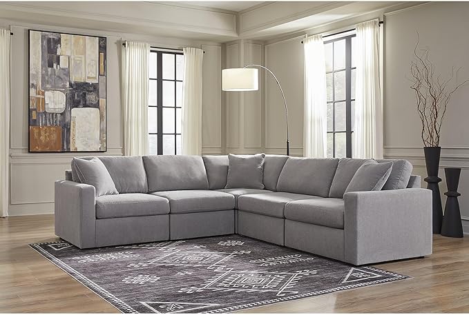 Signature Design by Ashley Modmax Contemporary Stain Resistant 5-Piece Sectional with Armrest, Throw Pillows and Reversible Cushions, Gray