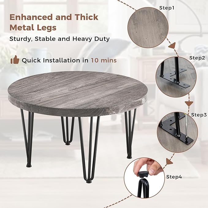 Rustic Wood Round Coffee Table with Metal Legs, Solid Elm Wood Top and Non-Slip Feet Pads - Farmhouse Style for Living Room, Grey