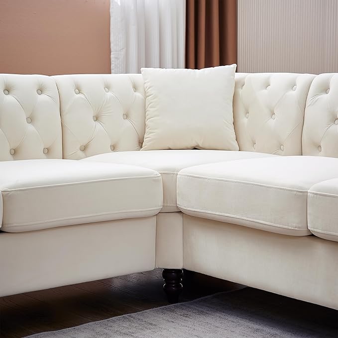 KEIKI 83.5" Chesterfield Corner Sofa, Retro Style Upholstered L-Shaped Velvet Couch with Rolled Arm, 5 Seater Corner Sofas for Living Room Bedroom Office Apartment, Beige