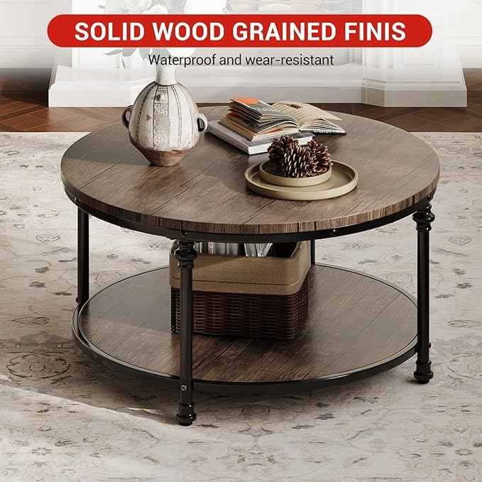 Garvee Round Coffee Table, 2 Tier Center Table with Storage for Living Room, 30.5 x 18 in, Wood Center Table for Living Room, Apartment, Easy to Assemble
