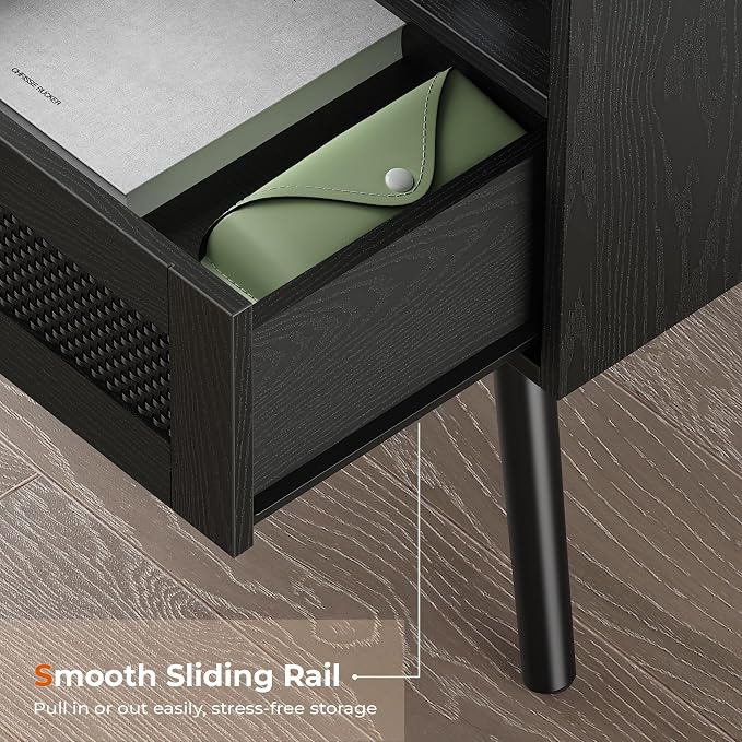 SUPERJARE Nightstand with Charging Station, Bedside Table with Texilene Surface Drawers, Rattan Side Table with Storage & Solid Wood Feet, End Table for Bedroom, All Black - Image 8